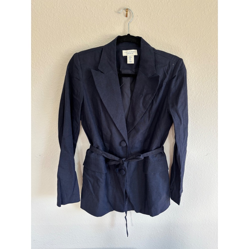 Calypso St. Barth Blazer Size S Navy Blue Linen Blend Belted Professional